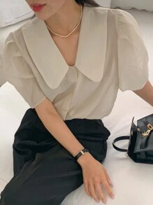 DAZY Women's Solid Color Puff Sleeve Cute Peter Pan Collar T-Shirt, Summer Sheer