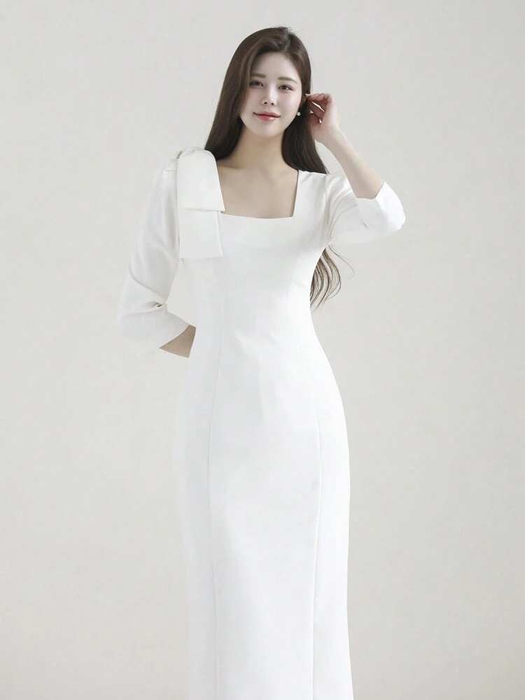 Women's Bow-Tie Waist Slim Fit Elegant Dress, White, Spring/Summer Dress