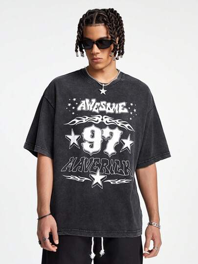 Manfinity VCAY Camiseta de manga corta holgada con estampado de lavado ácido y patrón numérico e inglés para hombre, para el verano