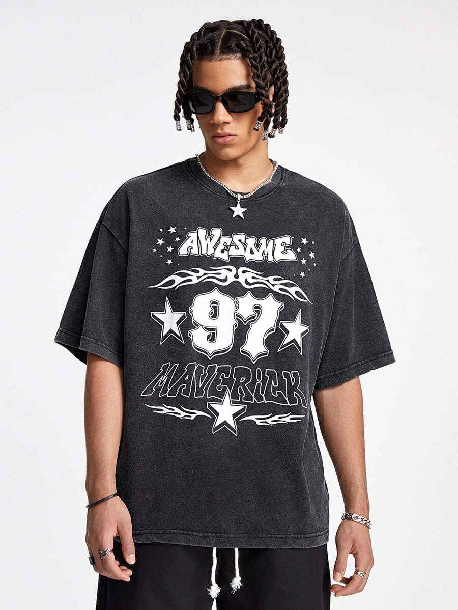 Manfinity VCAY Maglietta a maniche corte con stampa a lavaggio acido, stile ampio, con motivi in inglese e numerici, adatta per l'estate