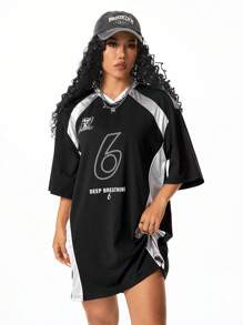 SHEIN EZwear Damen Lässiges T-Shirt Kleid mit Kontrastfarben Patchwork und Drop Shoulder Ärmeln - Verschiedenfarbig - Übersicht 4