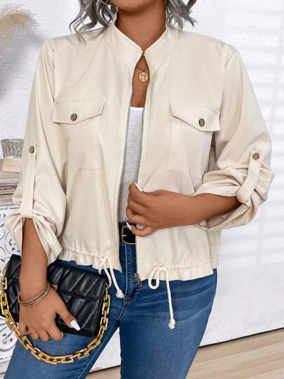 Momelise Plus Size Women's Solid Color Turn-Up Sleeve Loose Utility Pockets Casual Jacket, Spring Autumn Fall Winter Cloth For Women