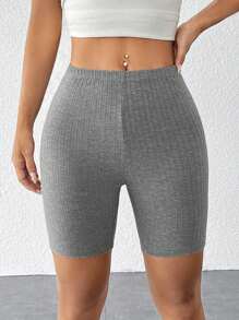 SHEIN PETITE Women's Solid Color Ribbed Short Leggings