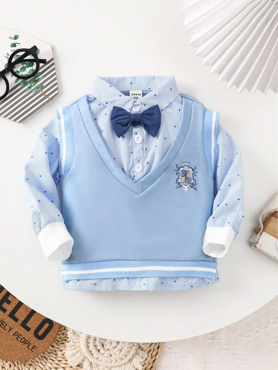 SHEIN Baby Jungen Lässig Alltags Vintage Aufnäher Stickerei 2 in 1 Hemd Sweatshirt Set, geeignet für Herbst & Winter - Blau - Übersicht 1