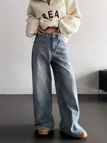 DAZY Women Plain Simple Loose Fit Wide Leg Jeans,Baggy Jeans - Blue - View 3