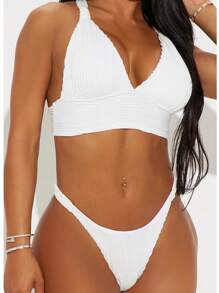 夏日海灘素色褶襞比基尼