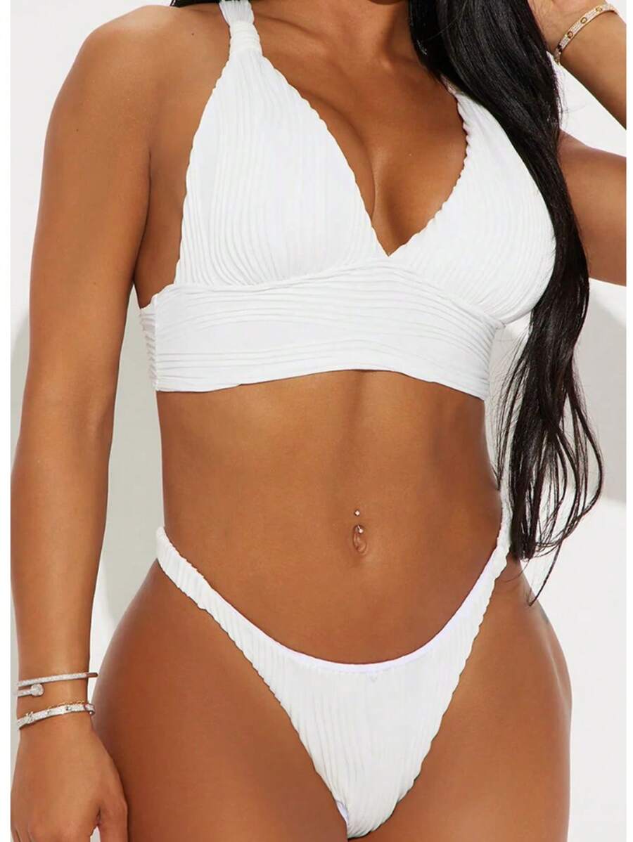 夏日海灘素色褶襞比基尼