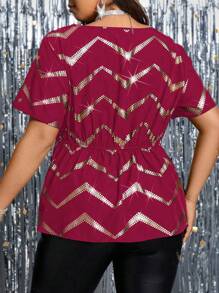 Celure 大码女式宽松花卉印花扭结圆领衬衫 - 酒紅色 - 查看 2