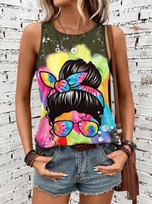 SHEIN LUNE Summer Casual Colorful Tie-Dye Printed Women's Tank Top Featuring Figure Print