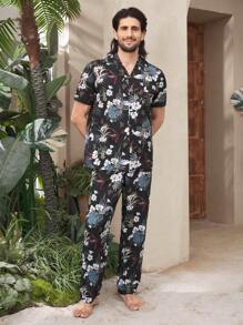 Manfinity ChillVibe 2 Stücke Herren Bedruckter Einreihiger Kurzarm Pyjama Set