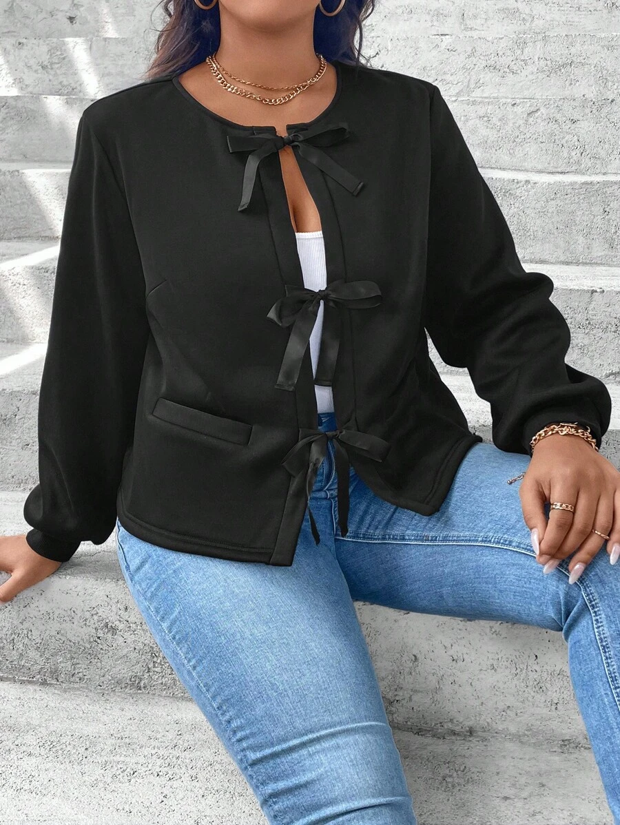 SHEIN LUNE 大码圆领蝴蝶结前口袋纯色简约设计夹克 - 黑色 - 查看 1