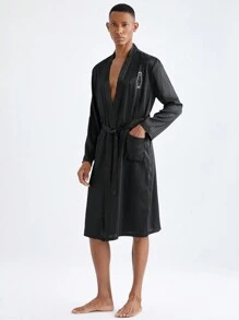 Men's Casual Belted Loungewear Robe - Black - View 9