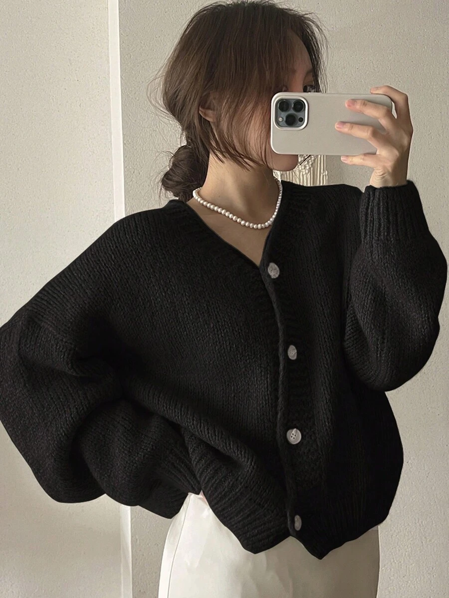 DAZY 女士 V 领宽松针织开衫、长袖上衣、秋装夹克 - 黑色 - 查看 1