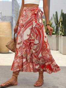 Breezaya All-Over Print Knotted Hem Casual Vacation Skirt - Red - View 4