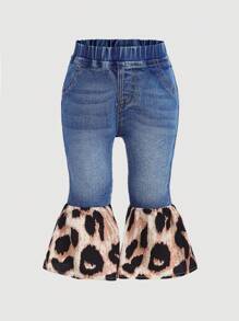 SHEIN Quần ống loe denim màu xanh da báo cho bé gái - Nhiều màu - Xem 3