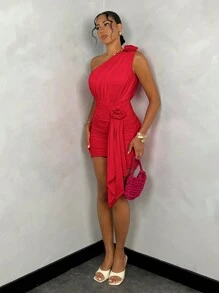 SHEIN BAE Women's Solid Color Ruffled Asymmetric Asymmetrical Neck Chiffon Dress, Graduation/Evening/Party Gown