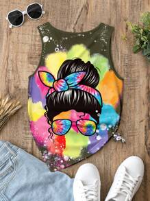 SHEIN LUNE Summer Casual Colorful Tie-Dye Printed Women's Tank Top Featuring Figure Print