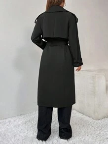 SHEIN PETITE Double Breasted Belted Trench Coat - Black - View 2