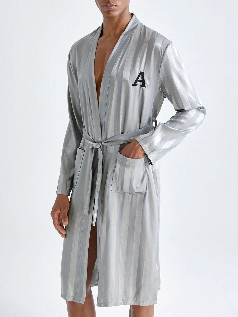 Men's Letter Printed Long Sleeve Casual Loungewear Robe With Pockets - Baby Blue - View 1