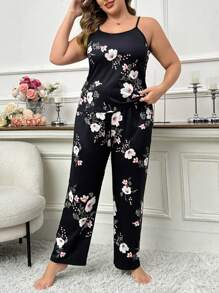 SHEIN Plus Size Floral All-Over Print Cami Top, Long Sleeve Robe And Pants 3pcs Set, Clothes, Cozy Outfit, Fall & Winter - Black - View 6