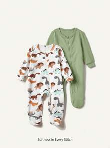 Cozy Pixies 2 Chiếc Sơ Sinh Bé Trai Hoạt Hình Khủng Long Màu Trơn Cổ Thuyền Dài Tay Áo Liền Quần Với Footie - màu xanh lá - Xem 12