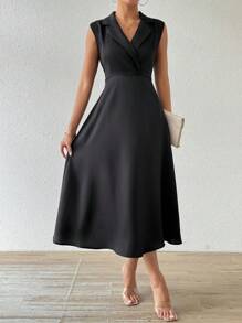 Chiquease 女士純色翻領無袖連身裙 - 黑色 - 查看 4