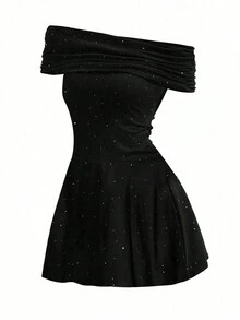 女士黑色优雅简约日常抽绳露肩短裙 - 黑色 - 查看 3