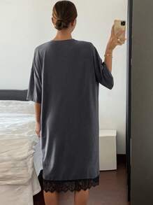 Livesso Lace Patchwork Loose Nightgown Pajama, Moo Moo Sleep Dress - Dark Grey - View 2