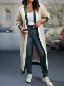 EMERY ROSE Plus Size Women's Colorblock Long Sleeve Pocket Casual Long Cardigan, Fall/Winter , Color Block