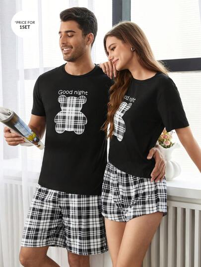 Rutig björntryck kortärmade shorts Pyjamasset för män