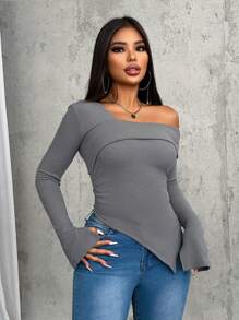 VaVaBold 女士灰色秋季不对称下摆长袖针织 T 恤 - 灰色 - 查看 6