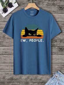 Manfinity Dauomo 男士貓和標語圖案T恤 - 藏蓝色 - 查看 1