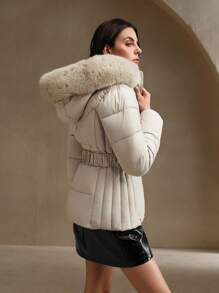 Anewsta 女士时尚拉链短款连帽加厚外套，冬季服装 - 卡其色 - 查看 4