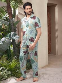 Men's Leaf Print Single-Breasted Short Sleeve Top And Pants Loungewear Set - Green - View 8