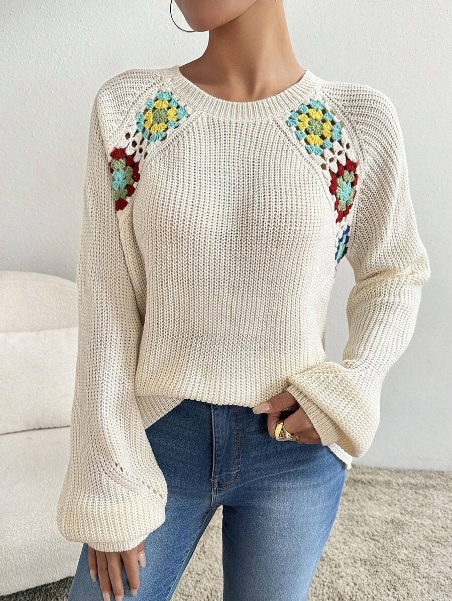 SHEIN LUNE Damski sweter vintage, ręcznie robiony na szydełku, luźny, dzianinowy, jesień/zima - Morela - Zobacz 1
