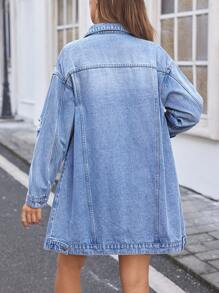 SHEIN Maternity Distressed Denim Long Sleeve Jacket, Loose Fitting Blue - Light Wash - View 2