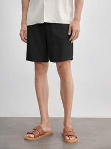 AKNOTIC Business Casual Men's Linen Regular Waist Drawstring Straight Leg Casual Shorts, Suitable For Daily Wear In Summer - Black - View 3