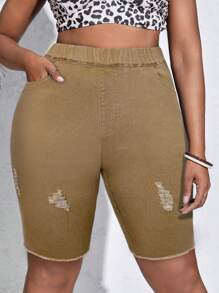 SHEIN SXY Shorts Denim Casuais Simples e Lisos para Mulheres Plus Size - Caqui - Visão 1