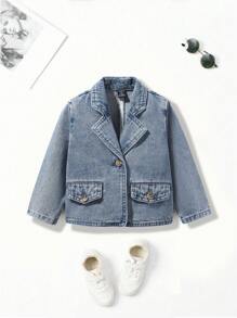 Chaqueta de traje casual de mezclilla lavada con nieve para bebé con detalles decorativos en los bolsillos, ideal para fiestas y uso casual versátil, estilo de moda