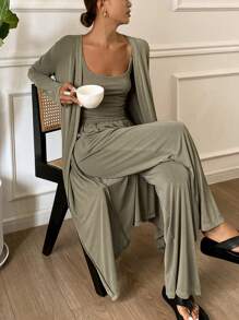 DAZY 3pcs Minimalist Camisole Top & Robe & Pants Home Lounge Wear Set, Cozy Outfits, Fall Winter Clothes Pajama