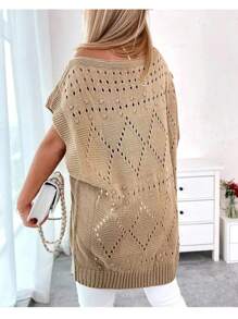 INAWLY Plus Size Solid Color Open Shoulder Hollow-Out Minimalist Knit Blouse, Casual Daily Wear - Khaki - View 2