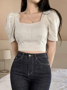 DAZY 女士系带蝴蝶结短款泡泡袖亚麻衬衫 - 杏色 - 查看 6