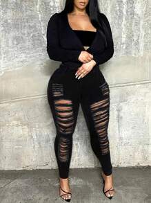 Women's Pocketed Distressed Skinny Jeans - Black - View 5