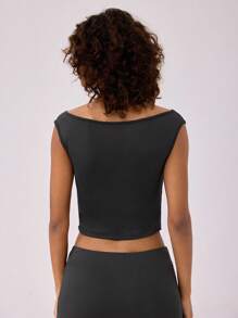 Forever 21 Summer New Arrival Round Neck Elastic Knitted Top With Split Hemline, Slim Fit - Dark Grey - View 2