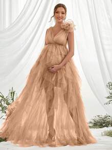 Plunging Neck Sleeveless Mesh Overlay Maternity Prom Party Dress - Champagne - View 5