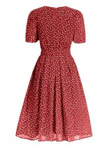 PoPoHouse Women's Elegant Temperament Round Neck Polka Dot Print Short Sleeve Waist Dress Summer
