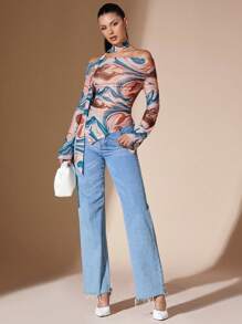 SHEIN BAE 大理石印花露肩长袖不对称下摆修身上衣，女士秋冬装 - 藍色 - 查看 4