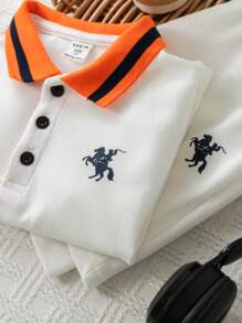 2pcs/Set Young Boy's Graphic Short Sleeve Polo Shirt And Shorts Set - White - View 1