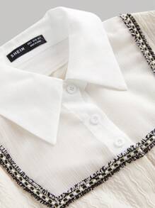 SHEIN MOD Women's Spring & Summer Turndown Collar Long Sleeve Cable Knit Patchwork Shirt,Women Polo Shirt,Work Women Shirts,Long Sleeve Shirt,Collared Women Fall Shirt,Collared Women Shirt,Button Down Blouse,Long Sleeve Tops