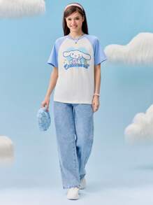 HELLO KITTY AND FRIENDS | SHEIN 女式白色可爱休闲卡通肉桂卷和字母印花圆领插肩 T 恤，秋季服装